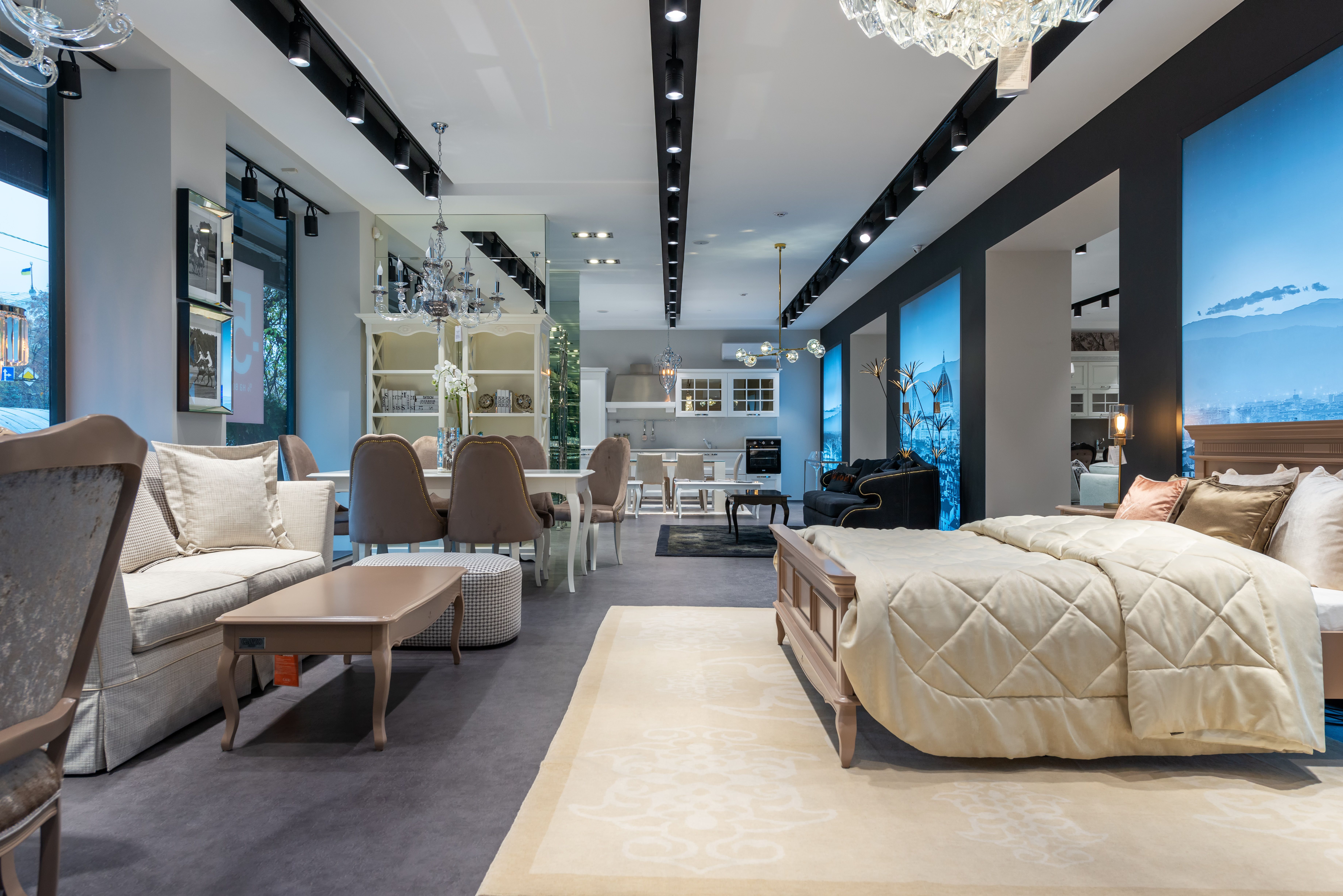 Professional furniture showroom with complete living and bedroom sets